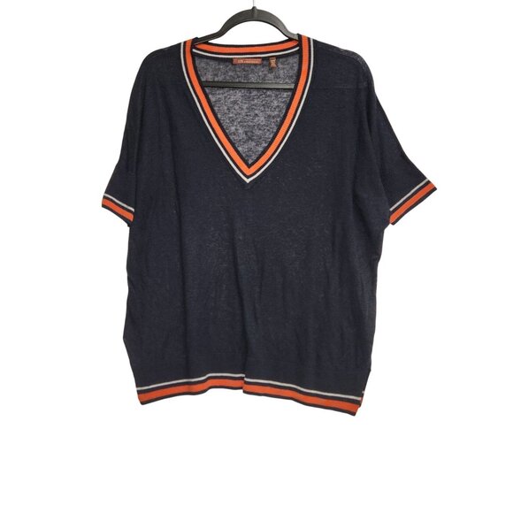 525 America Navy V-Neck SweaterStriped Trim XS/S Womens Linen/Viscose 2382 - Picture 1 of 8